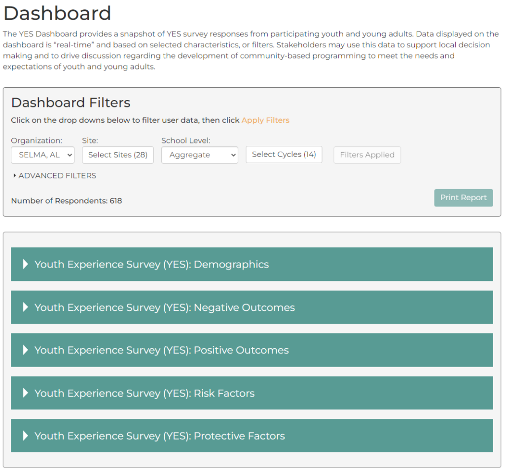 Yes dashboard with dashboard filters and other categories.